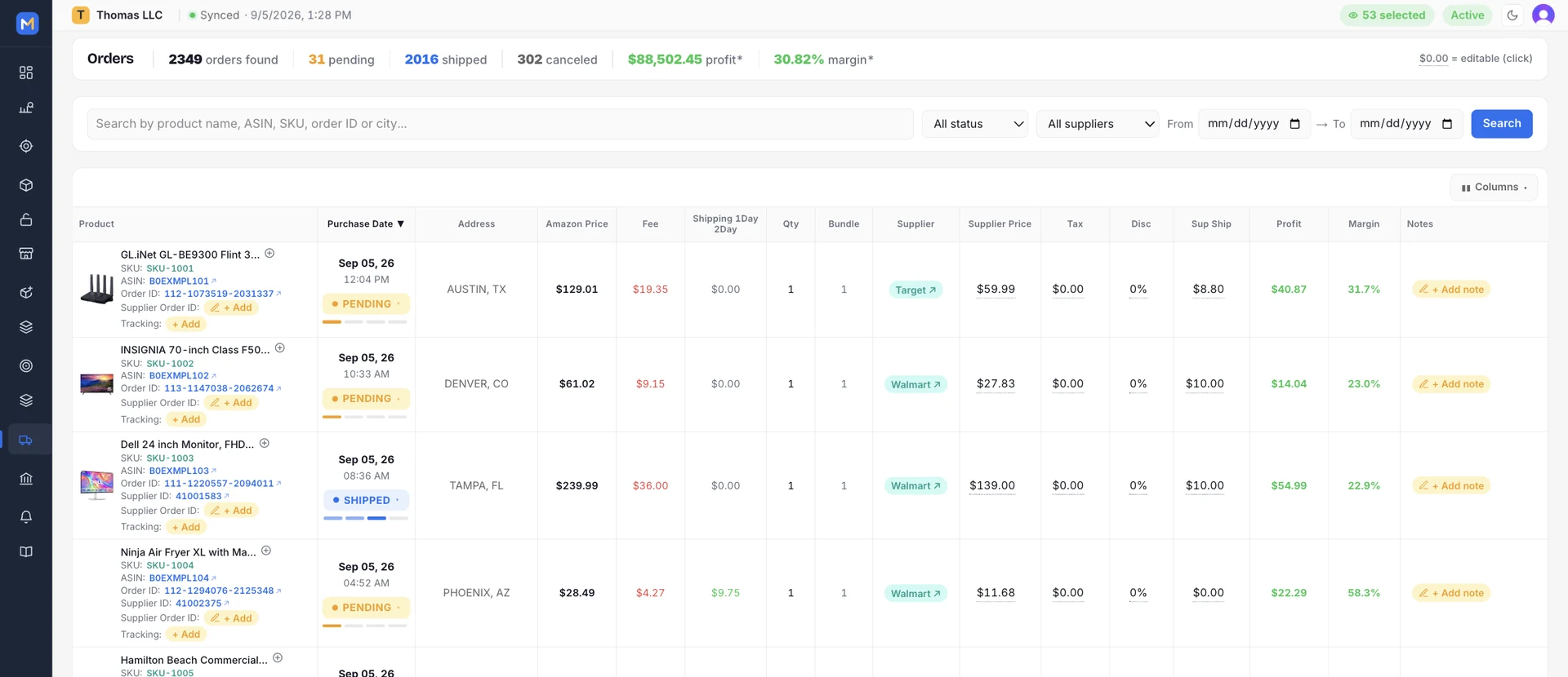 MarkHub Orders table: each order with Amazon price, fee, supplier cost, profit and margin